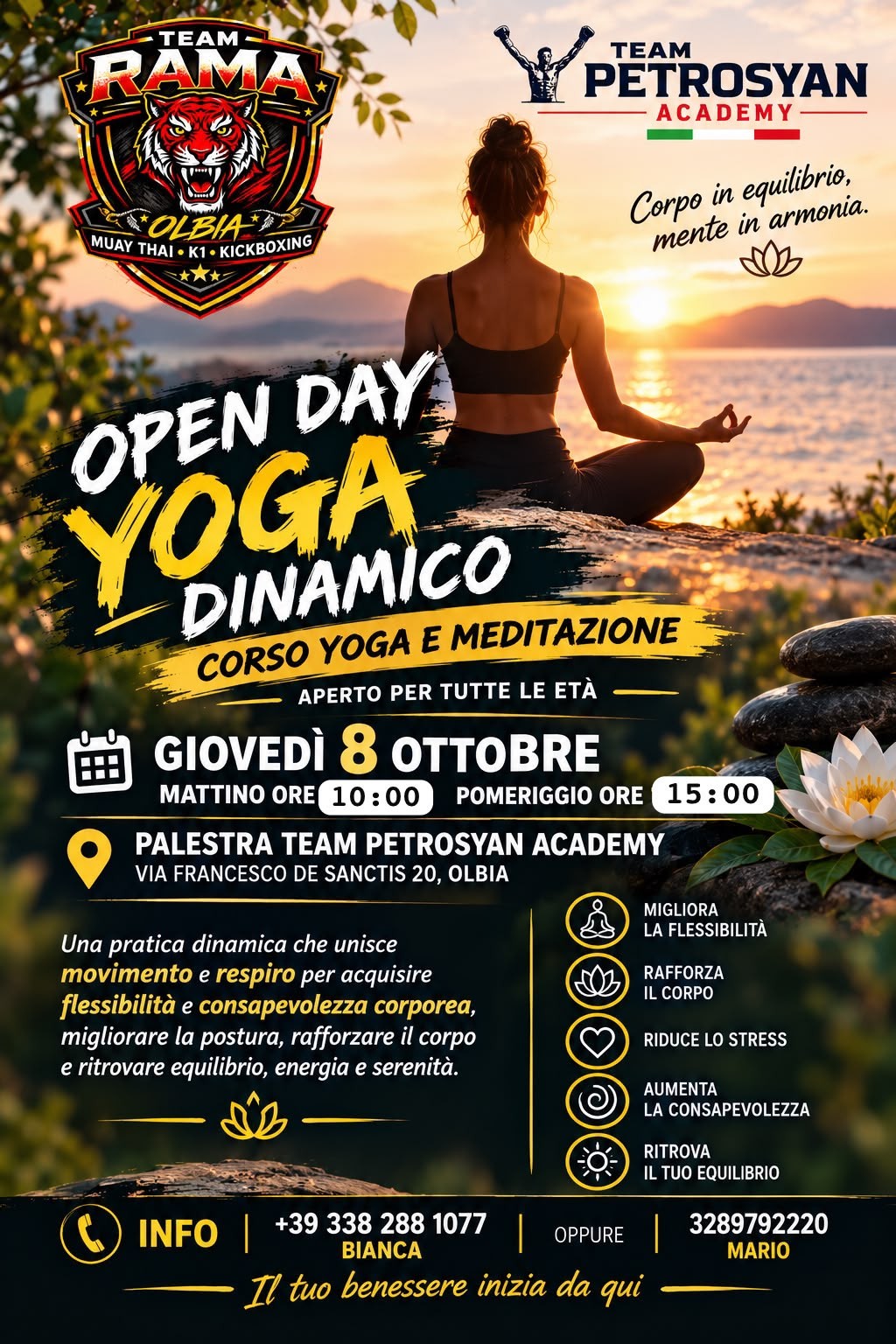 Open Day Yoga Dinamico Team Petrosyan Academy Olbia, 8 ottobre 2026